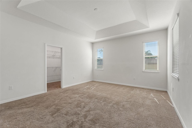 unfurnished bedroom with a raised ceiling, a walk in closet, a closet, and light colored carpet