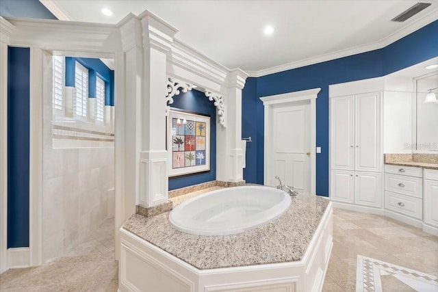 bathroom with vanity, ornamental molding, independent shower and bath, and tile patterned floors