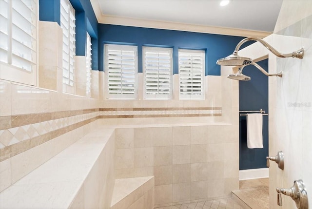 bathroom with ornamental molding, a shower, and tile patterned floors