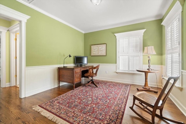 office with crown molding and dark hardwood / wood-style flooring