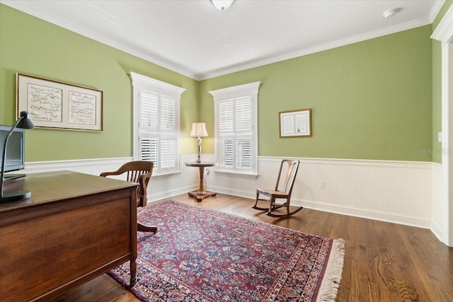 office space featuring crown molding and hardwood / wood-style floors