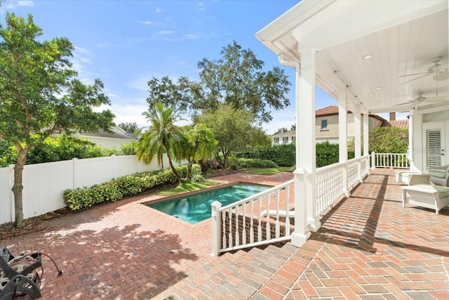 view of swimming pool featuring a patio area and ceiling fan