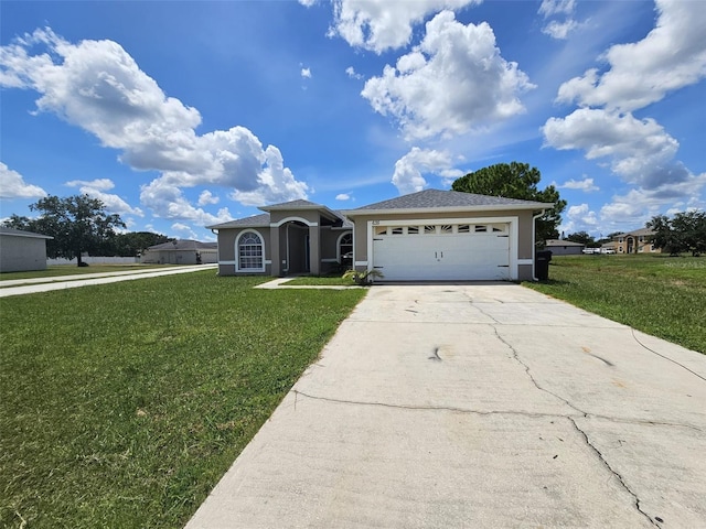 ranch-style home with a front lawn and a garage