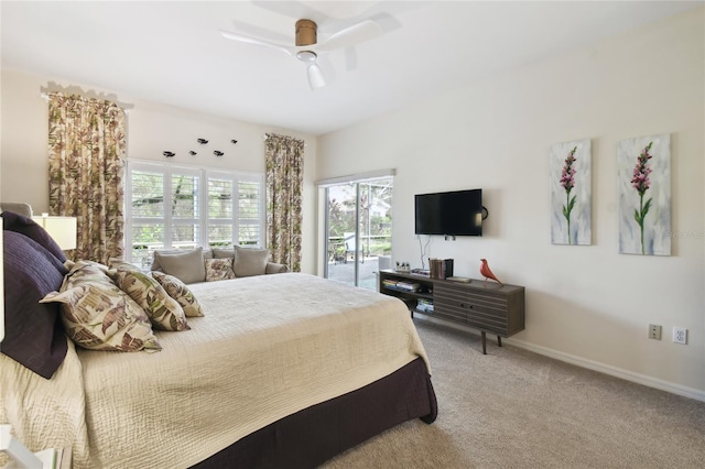 bedroom with carpet, access to outside, and ceiling fan