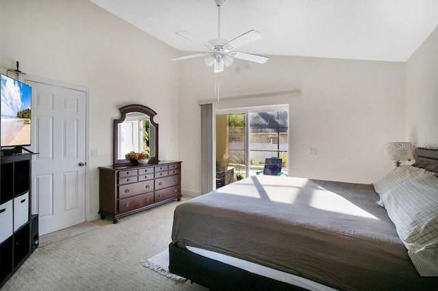 bedroom with access to outside, light colored carpet, high vaulted ceiling, and ceiling fan