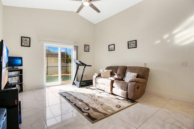 living room with ceiling fan, high vaulted ceiling, and light tile patterned floors