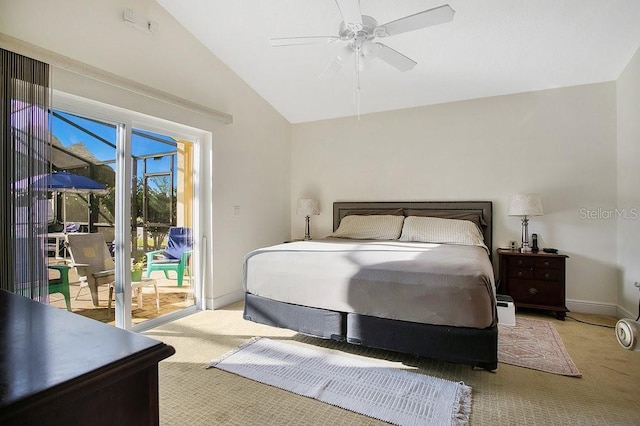 bedroom with lofted ceiling, access to exterior, light colored carpet, and ceiling fan