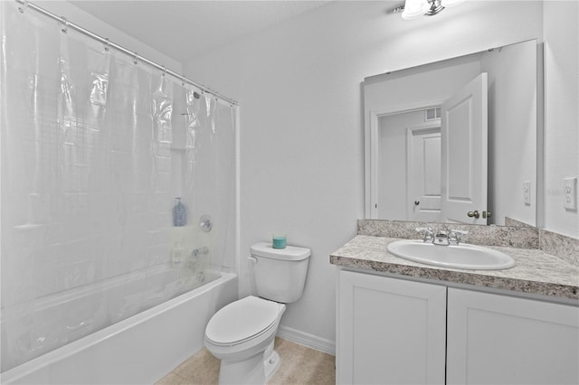 full bathroom featuring toilet, vanity, shower / bathtub combination with curtain, and tile patterned flooring