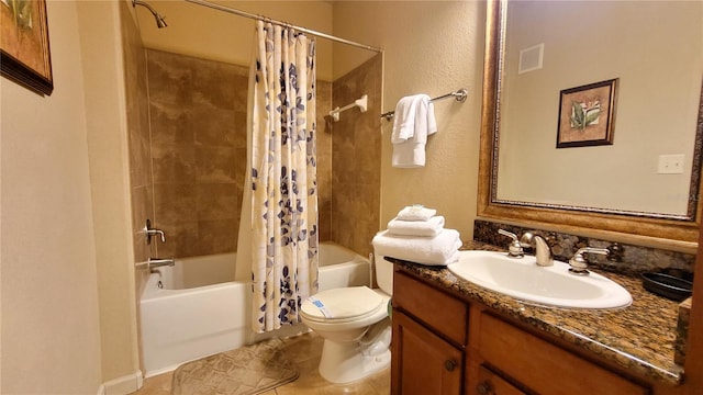 full bathroom with toilet, shower / bathtub combination with curtain, vanity, and tile patterned floors