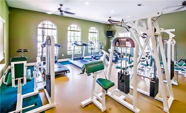 workout area with ceiling fan