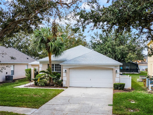 single story home with a front yard, a garage, and cooling unit