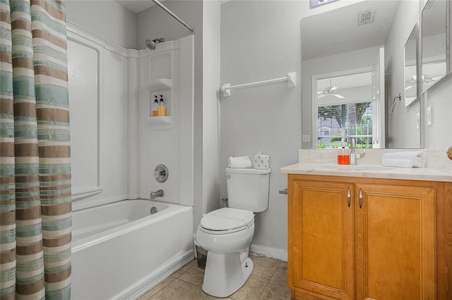 full bathroom with tile patterned floors, toilet, shower / tub combo, vanity, and ceiling fan