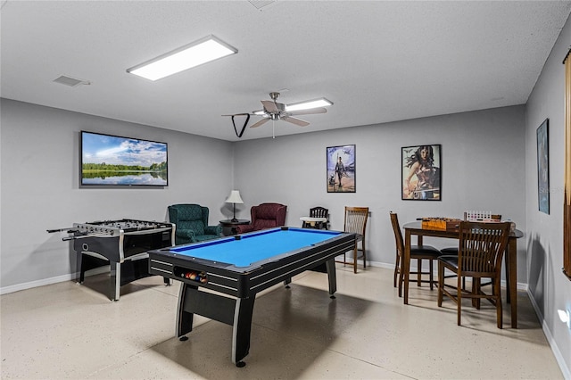 recreation room with a textured ceiling, billiards, and ceiling fan