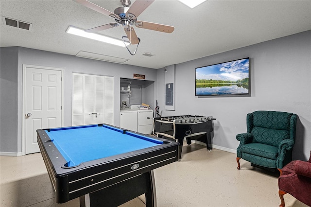 recreation room with washing machine and dryer, billiards, electric panel, a textured ceiling, and ceiling fan