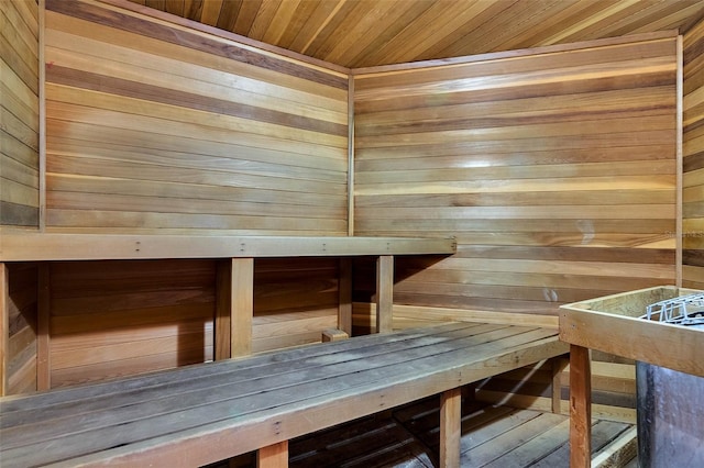 view of sauna / steam room with wood ceiling and wood walls