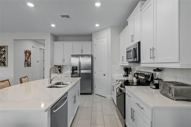 kitchen with appliances with stainless steel finishes, white cabinets, sink, and an island with sink