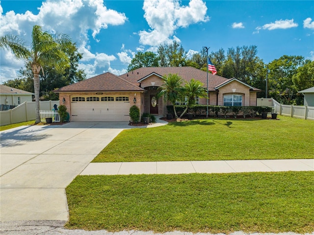 ranch-style house featuring a front yard and a garage