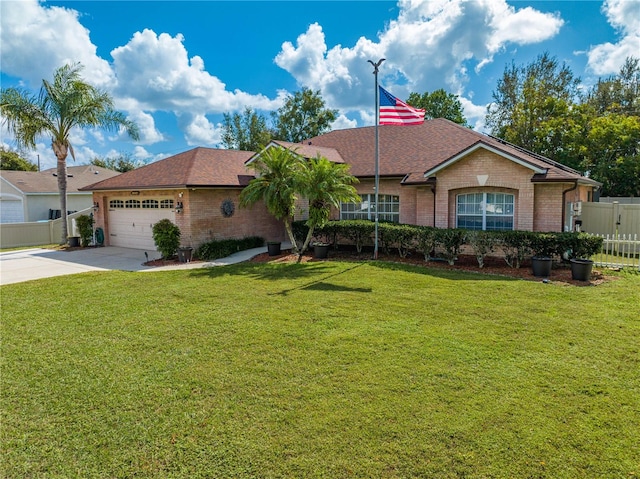 single story home with a garage and a front lawn