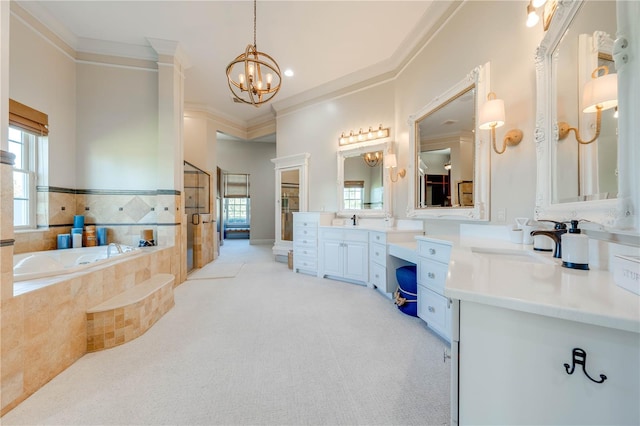 bathroom featuring shower with separate bathtub, vanity, a chandelier, and crown molding