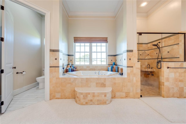 bathroom featuring independent shower and bath, tile patterned flooring, toilet, and crown molding