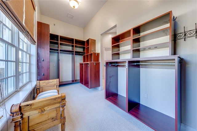 spacious closet featuring light colored carpet