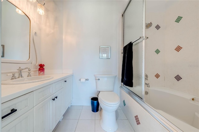 full bathroom with toilet, enclosed tub / shower combo, tile patterned floors, and vanity