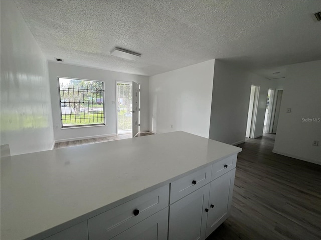 kitchen featuring white cabinetry, a textured ceiling, and dark wood-type flooring