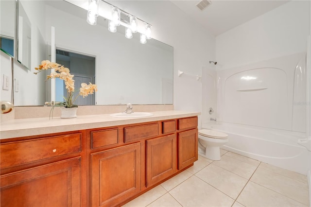 full bathroom with shower / bathing tub combination, visible vents, tile patterned floors, vanity, and toilet