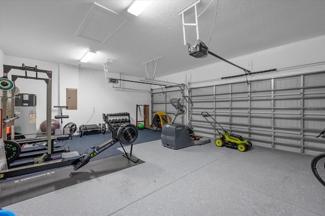 garage with a garage door opener and electric panel