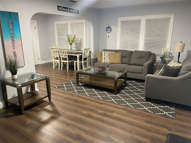 living room with dark hardwood / wood-style floors