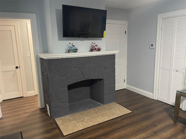 room details featuring baseboards, wood finished floors, and a fireplace