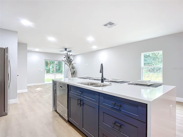 kitchen with a center island with sink, sink, appliances with stainless steel finishes, and a wealth of natural light