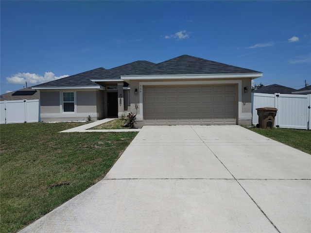 ranch-style house with a garage and a front yard