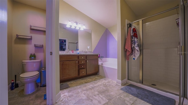 full bathroom with toilet, shower with separate bathtub, and vanity