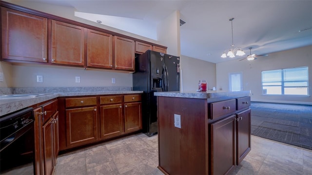 kitchen with a center island, decorative light fixtures, black appliances, ceiling fan with notable chandelier, and sink