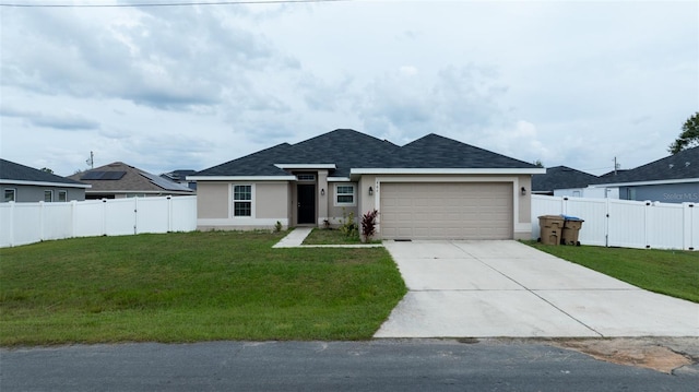 ranch-style house with a front yard and a garage