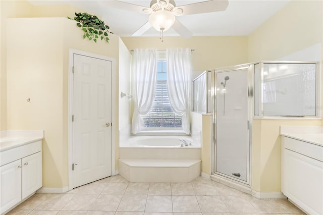 bathroom featuring vanity, ceiling fan, tile patterned floors, and shower with separate bathtub