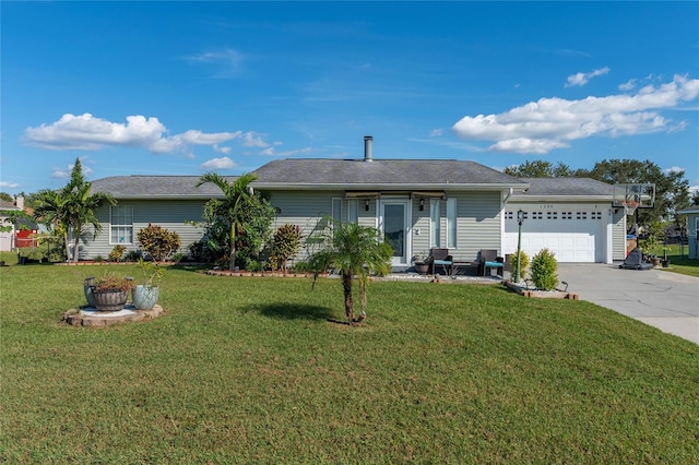 ranch-style home with a front yard and a garage