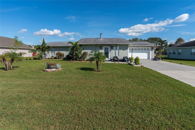 ranch-style home featuring a garage and a front lawn