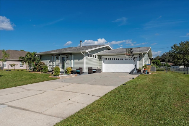 single story home with central air condition unit, a front yard, and a garage