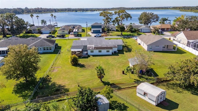 bird's eye view with a water view