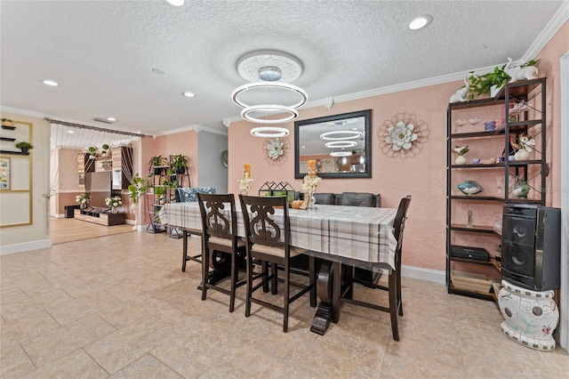 dining space featuring crown molding, a textured ceiling, and a chandelier