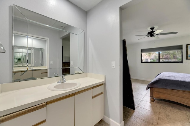 bathroom with vanity, tile patterned flooring, and ceiling fan