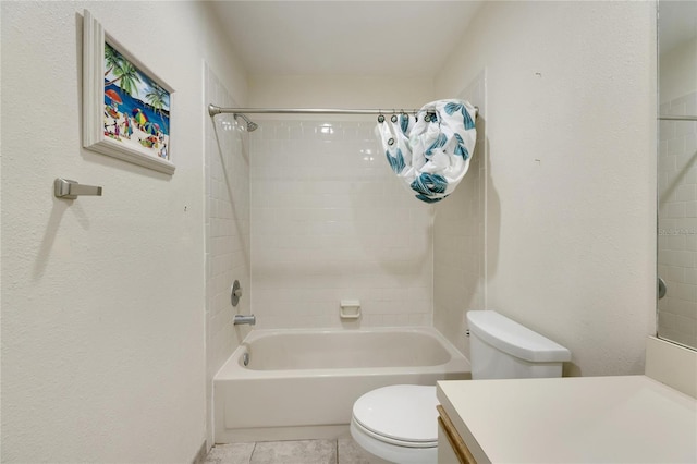 full bathroom with vanity, shower / tub combo with curtain, toilet, and tile patterned flooring