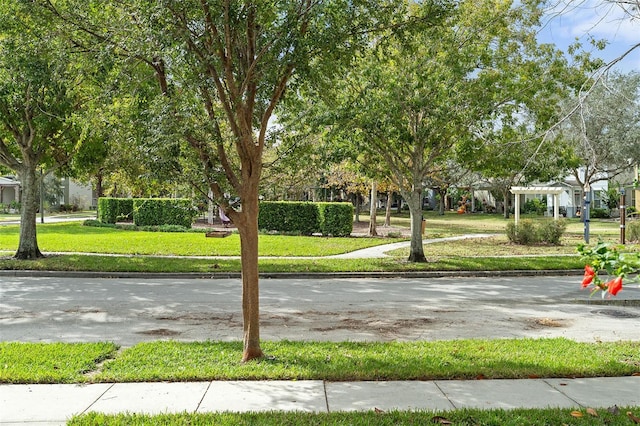 view of property's community with a yard and a pergola