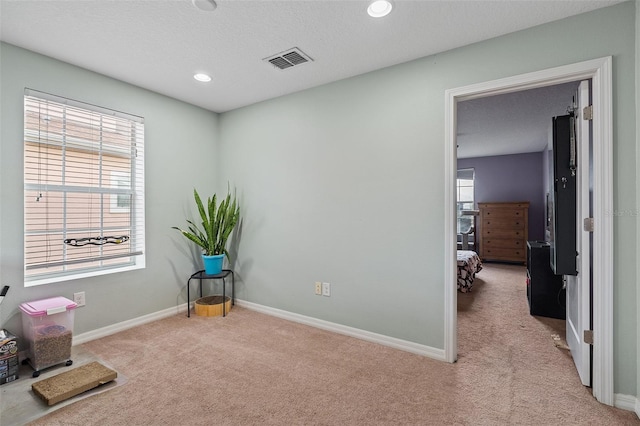 miscellaneous room with plenty of natural light, visible vents, baseboards, and light colored carpet