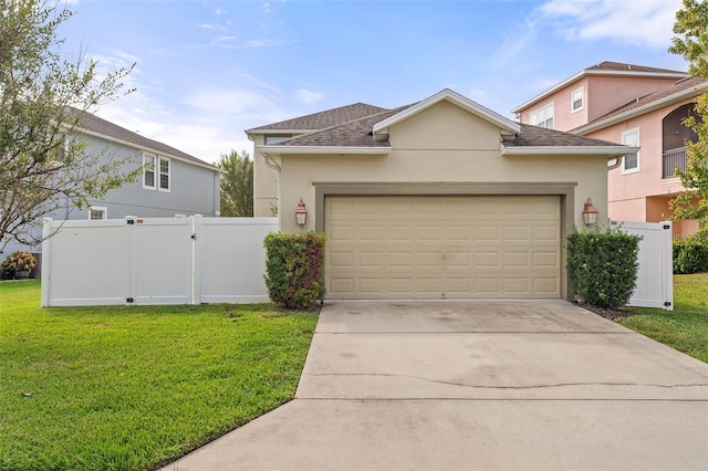 view of front of home featuring stucco siding, concrete driveway, an attached garage, a front yard, and fence