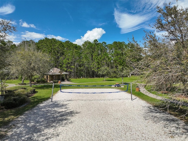 view of home's community featuring a forest view, a lawn, and volleyball court