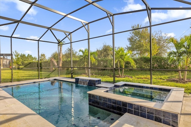 view of swimming pool with a lanai, an in ground hot tub, and pool water feature