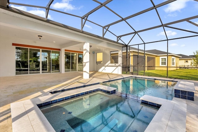 view of swimming pool with a lawn, an in ground hot tub, a patio area, and glass enclosure